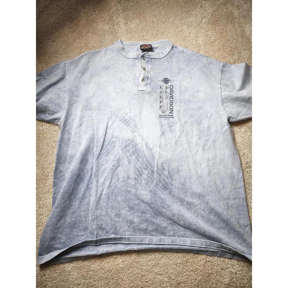 Vintage Harley Davidson Distressed Gray Blue XL Button Pocket Tee Heavy Cotton